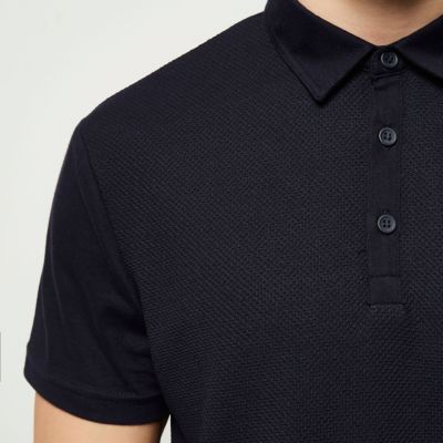 Navy textured front polo shirt